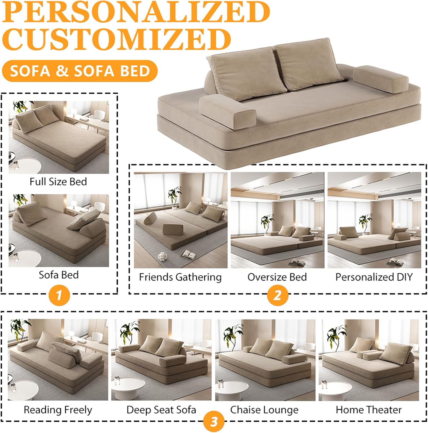 Futon Sofa Bed King Size, Boneless Sleeper Sofa, Oversized Chenille Foldable Couch, Convertible Floor Couches, Modern Folding Mattress, Daybed for Gaming, Living Room, Apartment, Camel
