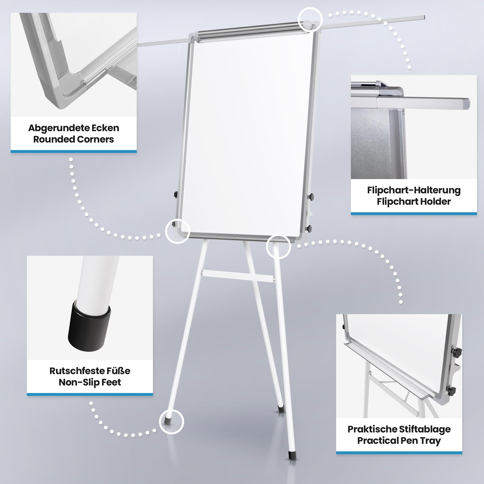Jago® Chevalet de Conférence - Trépied Réglable en Hauteur, 60x90 cm, 2 Bras Extensibles, Magnétique, Effaçable, Incluant Marqueurs, Aimants, Papiers, Éponge - Paperboard, Tableau Magnétique Blanc
