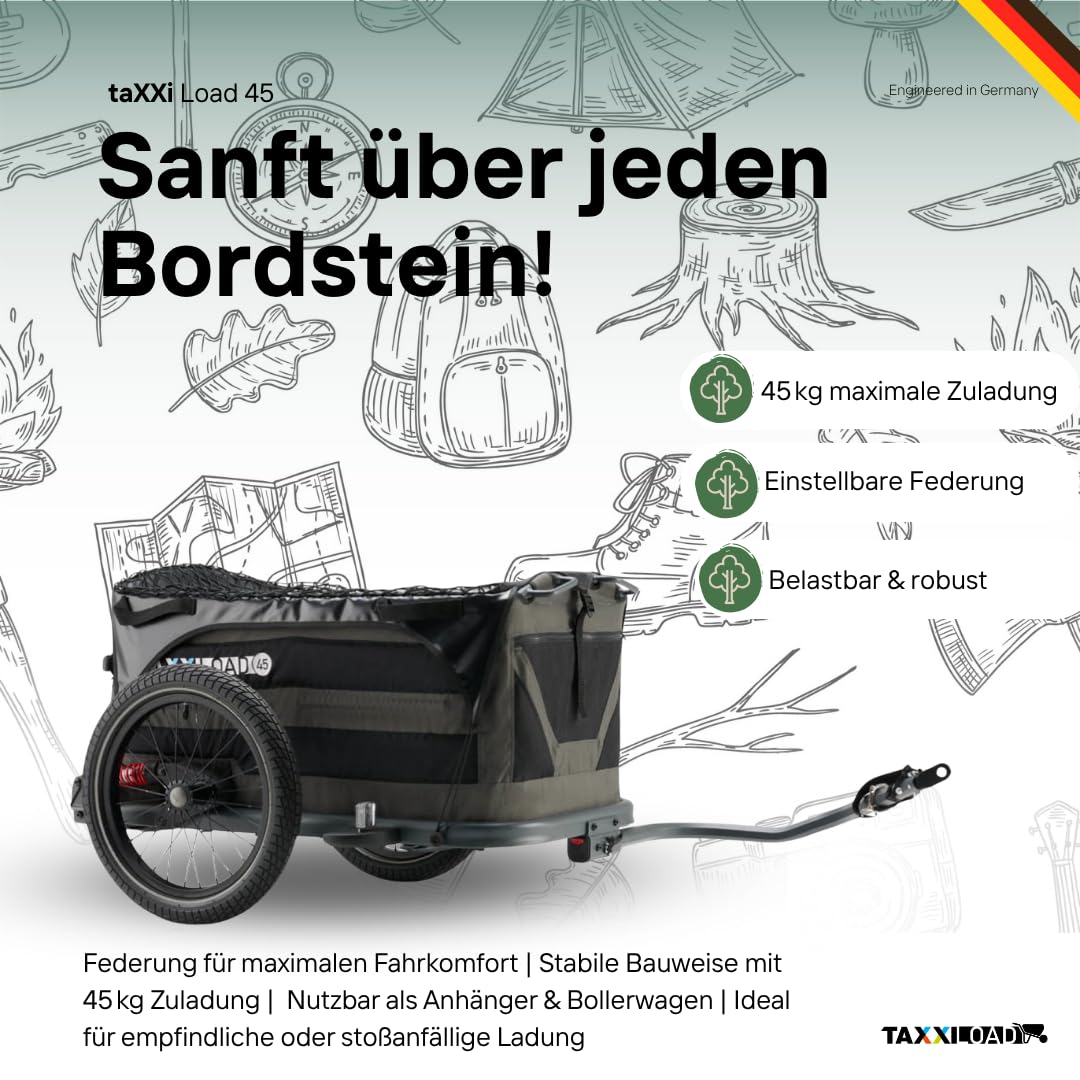 TAXXI Load 45 Lastenanhänger mit Federung für Fahrrad – Stabiler Fahrradanhänger bis 45 kg – gefedert, klappbar, wetterfest, Reflektoren, Kupplung, für Alltag & Freizeit