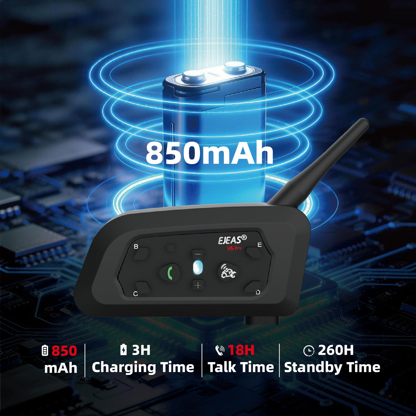 EJEAS V6 Pro + Casque Bluetooth pour Casque de Moto, Version améliorée V6 Pro, équipé d'une Interface de Type C (Lot de 1)
