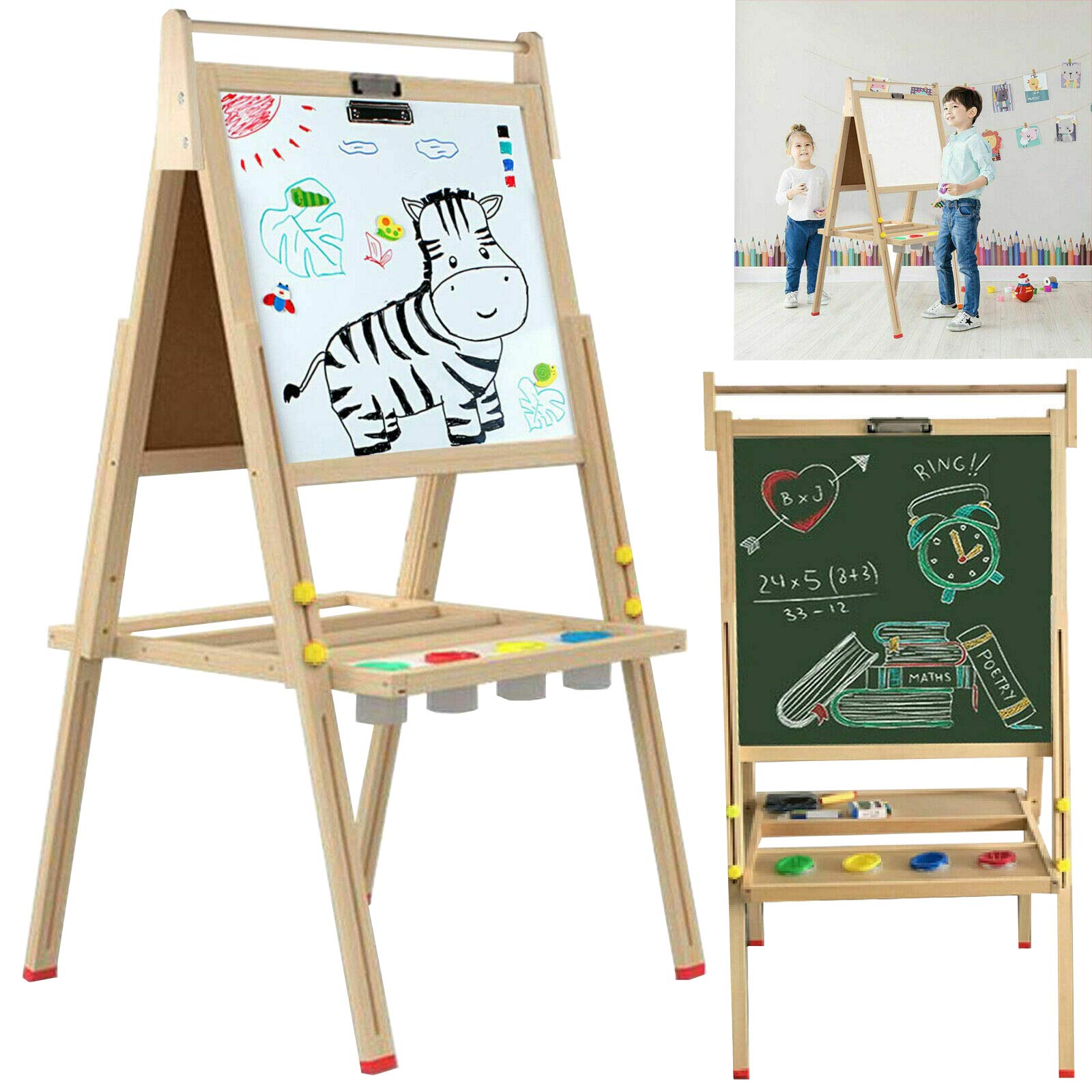 Kids Wooden Art Easel Double-Sided Whiteboard and Chalkboard Adjustable Standing Easel Painting Drawing Board with Paper Roll Holder Magnetic Letters and Numbers Accessories