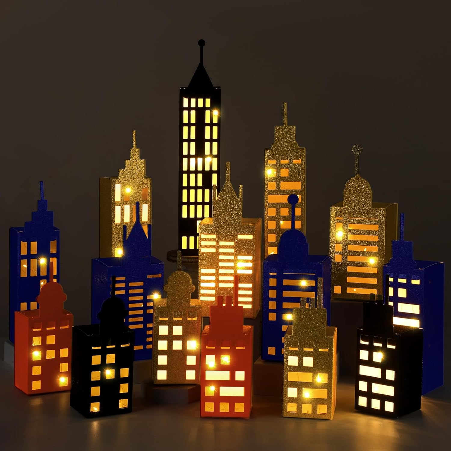 15 Pcs Hero Party Favor Boxes Skyscraper 3D City Box Skyline Buildings Heroes Candy Goodies Boxes Hero Theme Centerpiece Decorations Birthday Party Supplies(Classic Color)