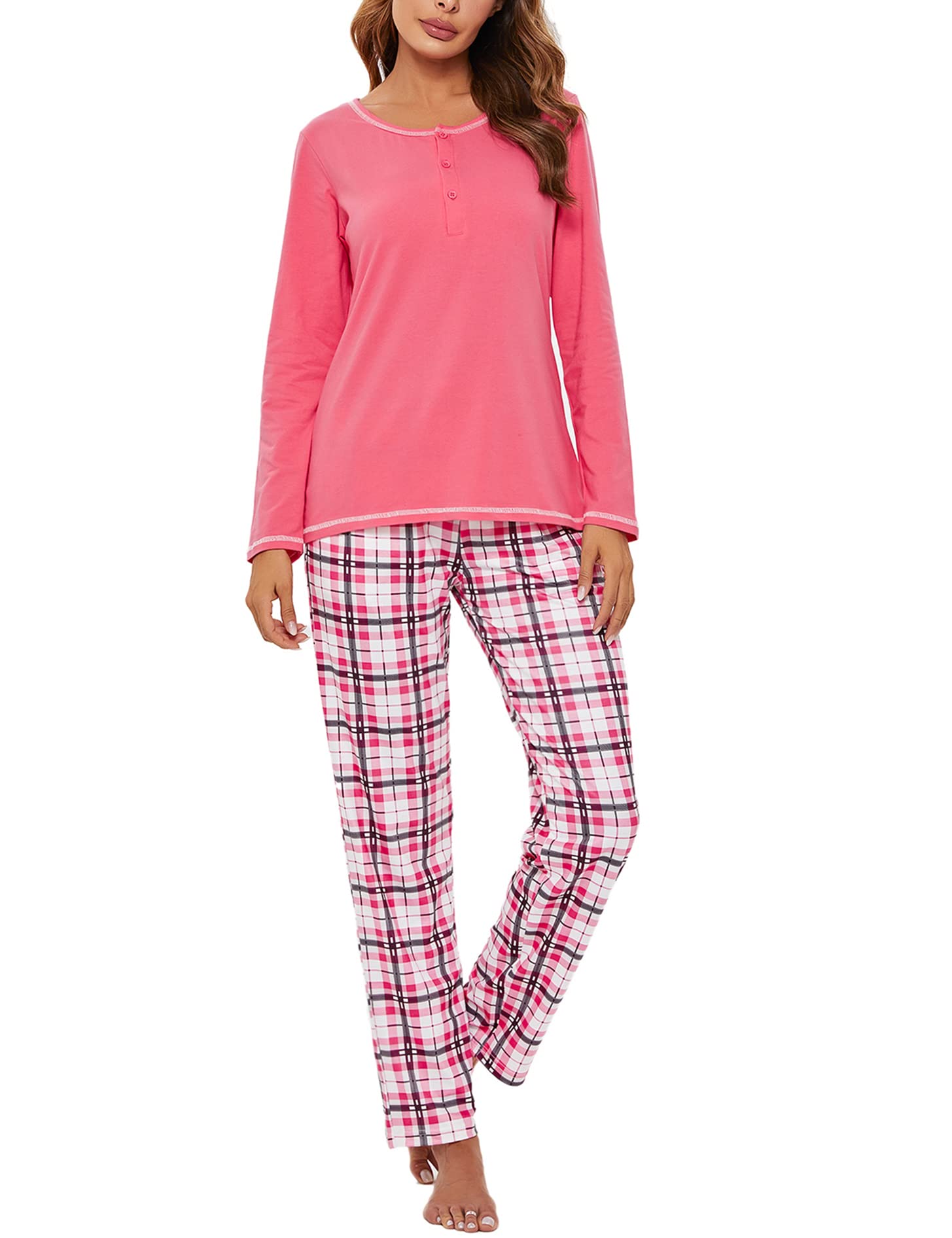 Litherday Pigiama Donna Invernale Cotone Pigiami da Donna Lungo Pigiami Due Pezzi da Donna Pigiama a Manica Lunga Pantaloni Lunghi con Tasche Morbido e Confortevole S-XXL