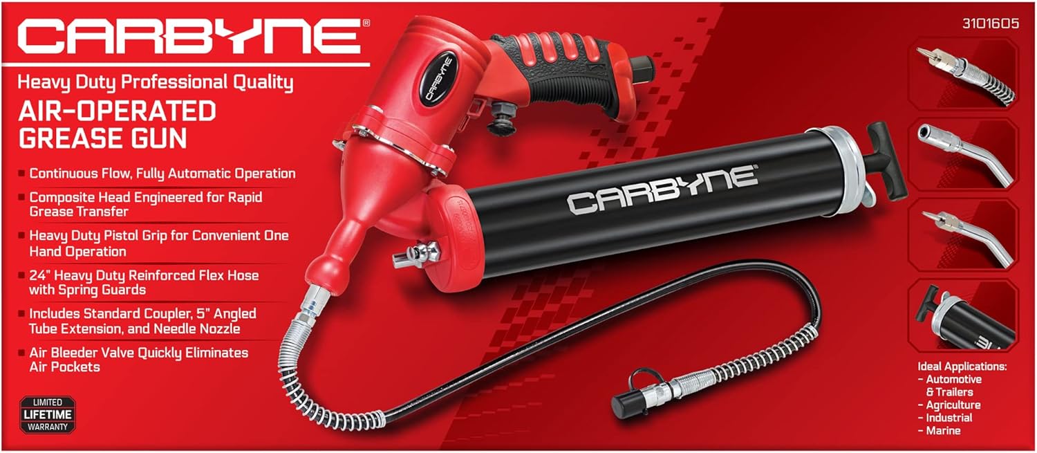 Carbyne Pneumatic Grease Gun, 6000 PSI, Air Operated, Continuous Flow, 40:1 Ratio, Aluminum Barrel, 24 in. Flex Hose, Coupler, 14 oz