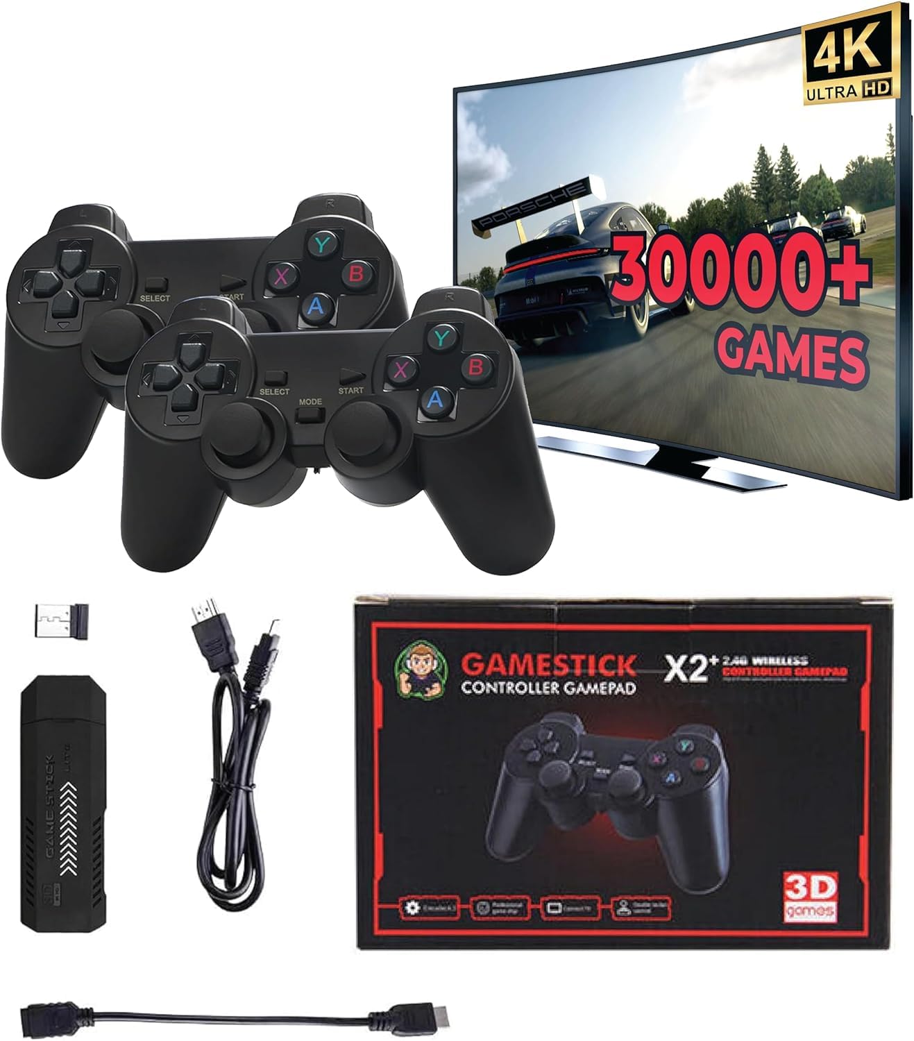 Gd Wireless Retro Game Console Plug and play video game stick built in 30000+ games 9 emulators 4k high definition hdmi output for tv with dual 2.4g wireless controllers(64g)