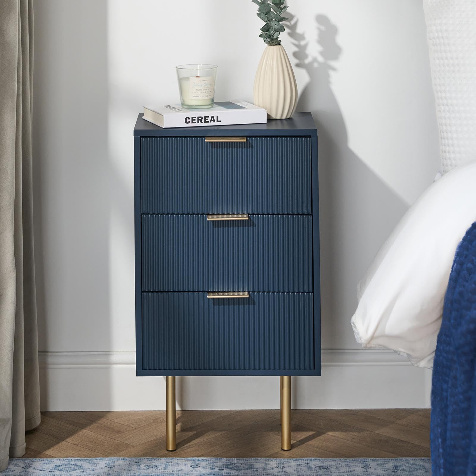 OHS Bedside Table 3 Drawers, Decorative Ribbed Wooden Nightstand Side Tables Large Storage Slim Bedside Cabinets Bed Side Table for Bedroom Living Room, Navy - 64 x 36 x 24cm — image 1
