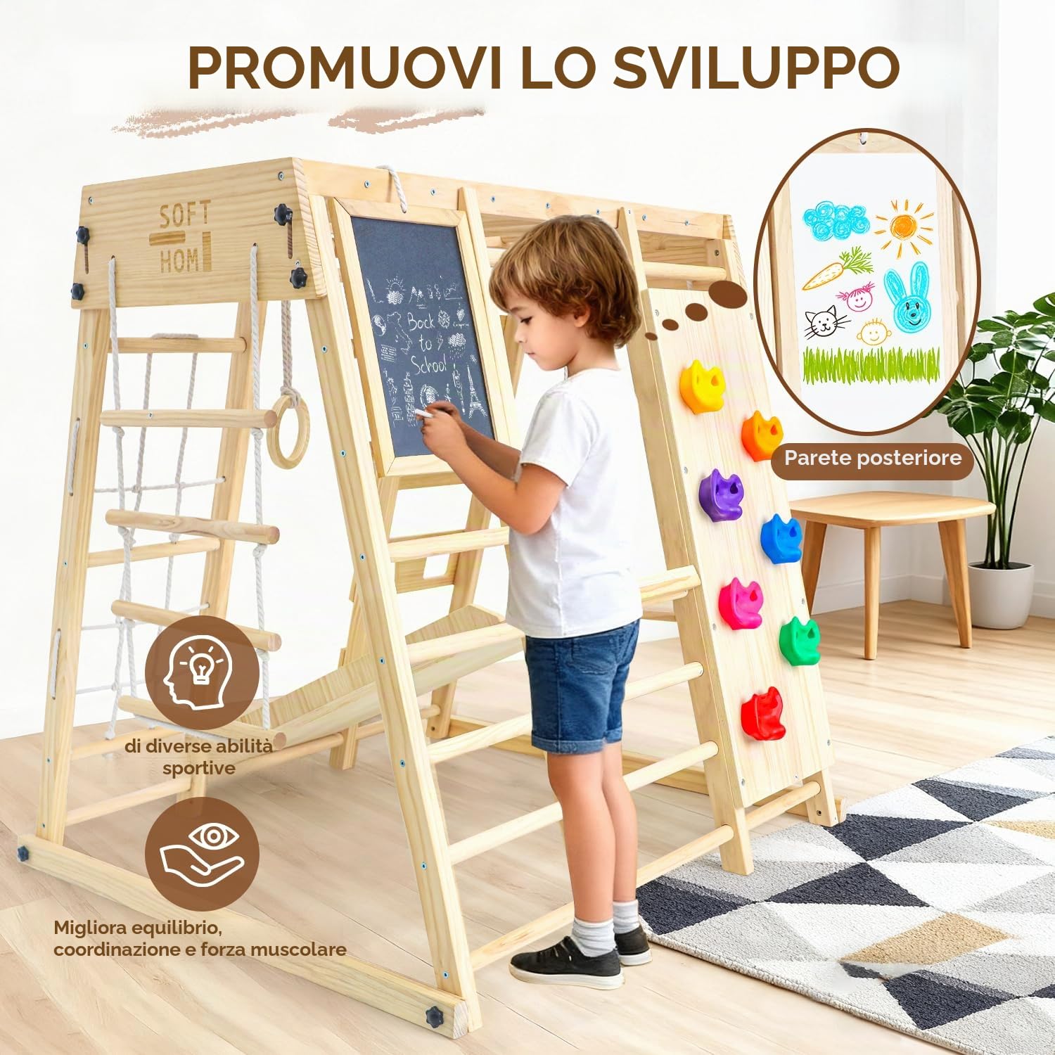 Maxi Telaio da Arrampicata per Interni, Bambini dai 1 anno in su, 10 in 1 Telaio da Arrampicata per Bambini, Montessori Parco Giochi, Lavagna, Oscillazione, Skateboard, Parete da Arrampicata