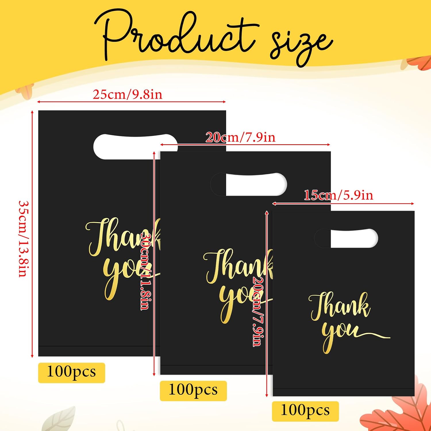 300 Pcs Thank You Bags for Business Small 3 Size Plastic Merchandise Bags Retail Merchandise Clothes Bag with Handle for Wedding Party Stores Packaging Wholesale Goodie Bag, Black - Image 2