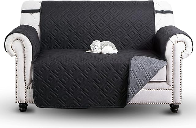 Hafaa Sofa Covers 2 Seater - Reversible Waterproof Sofa Slipcovers with Adjustable Elastic Straps and Hooks Embossed Quilted Sofa Cover - Furniture Couch Protectors for Pets & Kids, Black & Grey