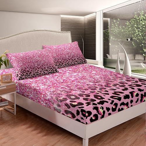 Miniatura 3 de Sábana bajera ajustable de tamaño matrimonial con estampado de leopardo rosa, juego de ropa de cama de lujo suave con lentejuelas brillantes y