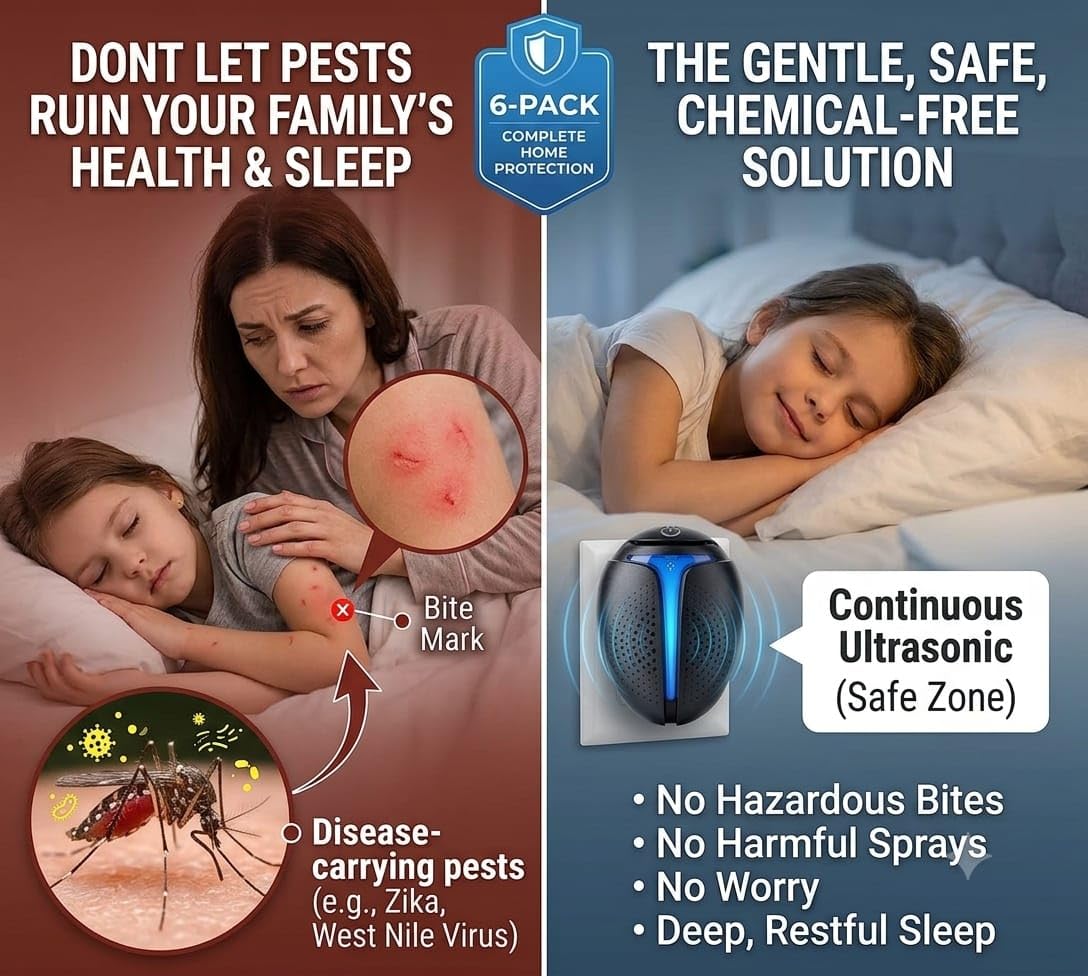Repelente ultrasónico mejorado de insectos para interiores, control de plagas, cucarachas, roedores, ratones, insectos, mosquitos, arañas, para el hogar, oficina, almacén, 6 paquetes, color negro