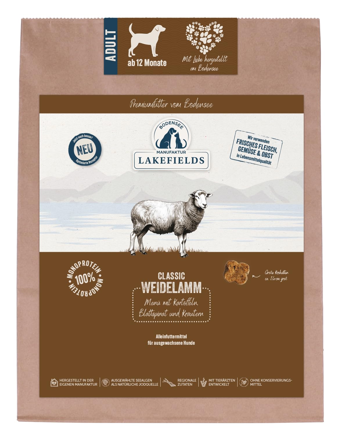 Lakefields Classic Hundefutter trocken | Lamm 60% | 1 kg | Getreidefreies Trockenfutter | Zutaten in Lebensmittelqualität | Kartoffeln, Blattspinat & Kräutern | Schonend gebacken