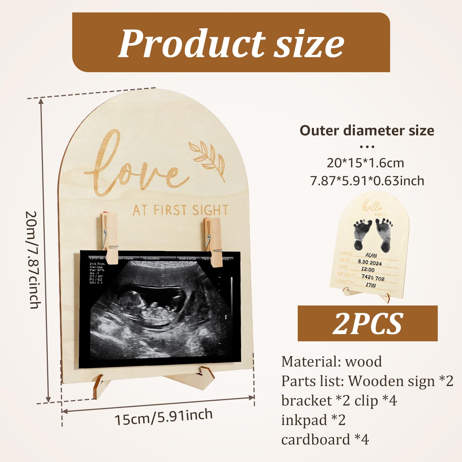 2 Pcs Wooden Ultrasound Picture Frame, Double Sided Sonogram Picture Frame, Nursery Decor Sonogram Photo Frame, Beautiful Double Sided Sign for the Announcement of Your Pregnancy or Baby's Birth