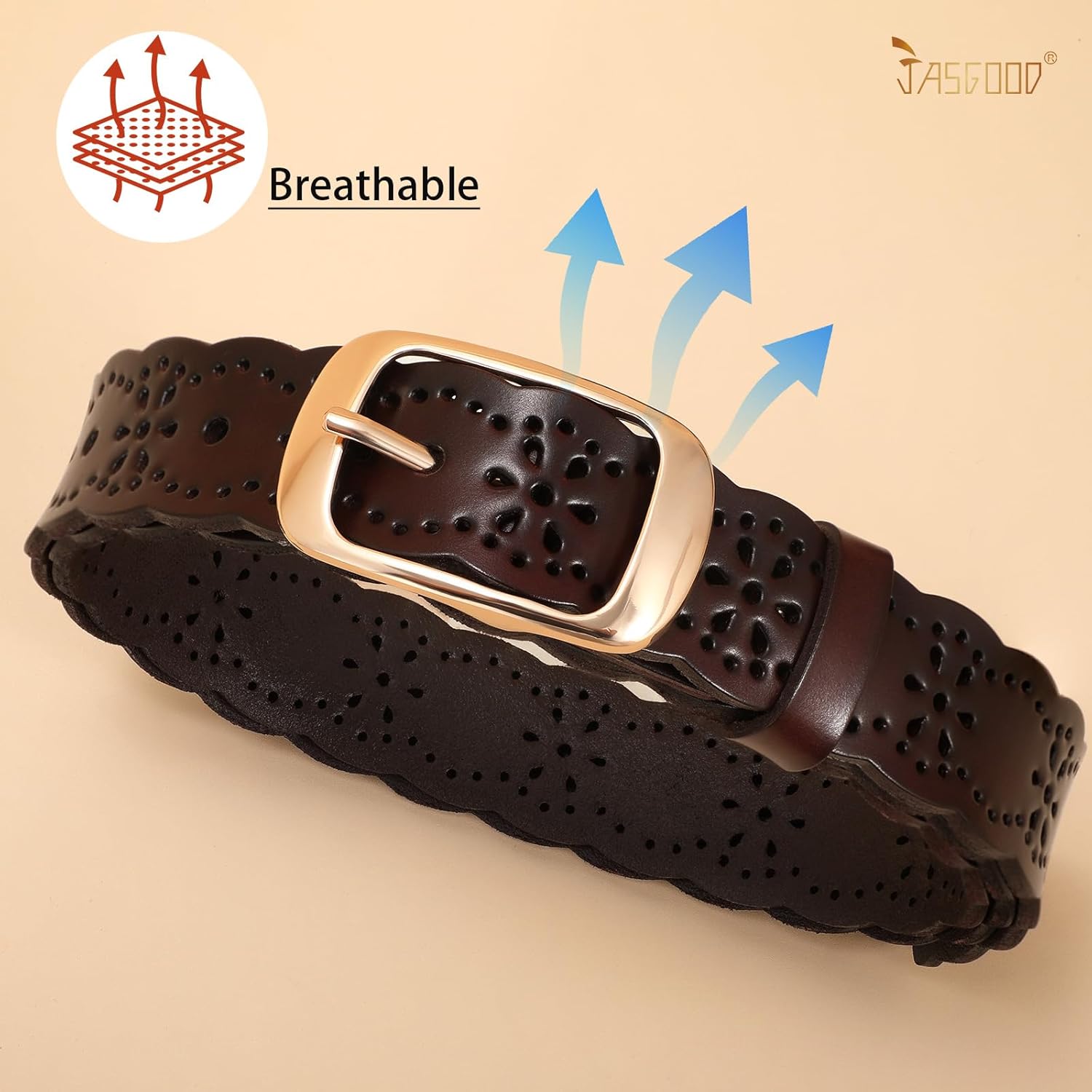 JASGOOD Leather Belt for Women Hollow Flower Leather Belt for Jeans Pants Fashion Waist Belt with Gold Buckle - Image 3