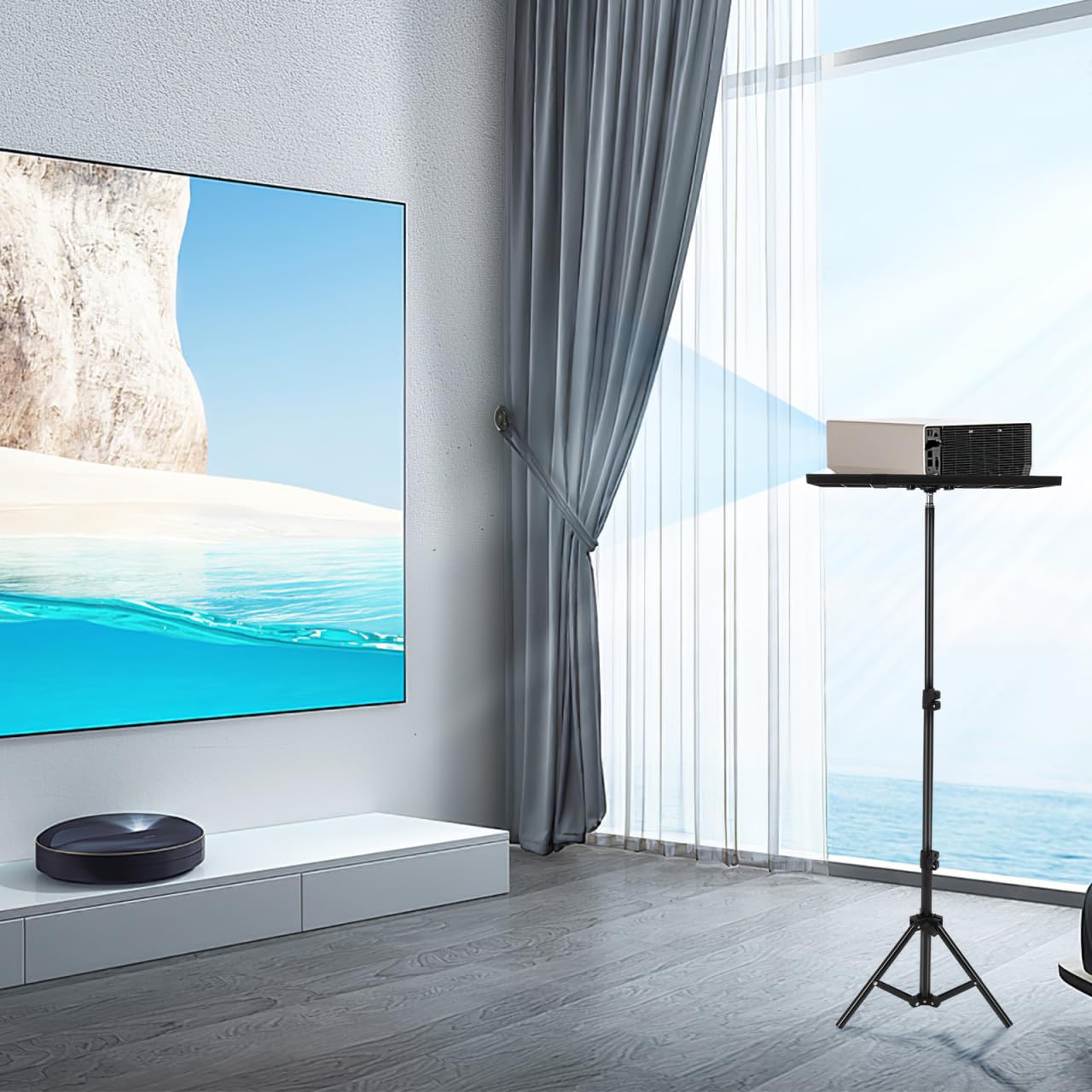 BESPORTBLE Soporte para proyector de altura regulable hasta 1 m, trípode con estante para proyector y portátil, soporte portátil para proyector para cine en casa, oficina y presentaciones al aire