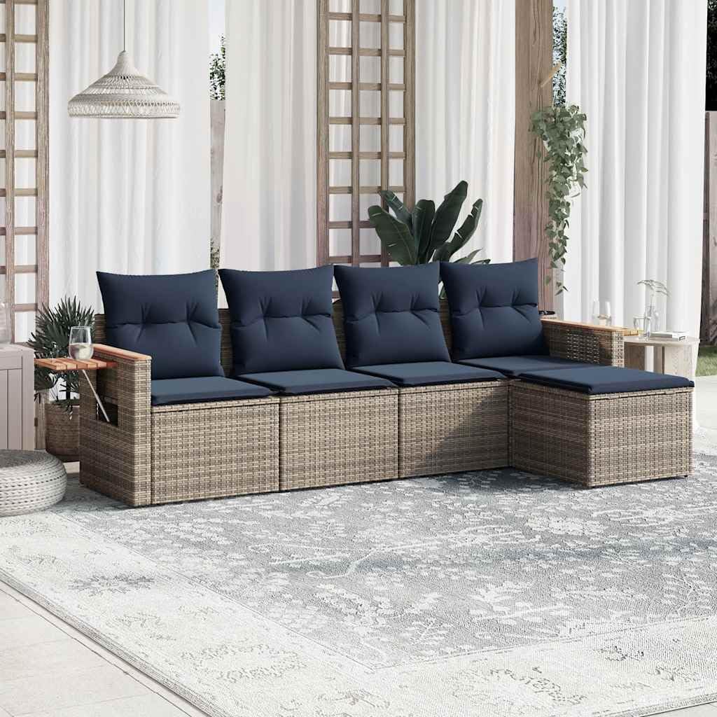 Set Divani da Giardino 5 pz in Polyrattan Grigio con Cuscini | Salotto modulare da esterno per terrazzo o patio con tavolino integrato e cuscini sfoderabili per momenti di relax.