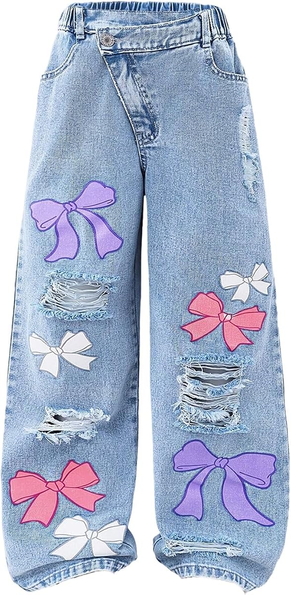 WDIRARA Girl's Cute Bow Print Ripped Jeans Elastic Waist Wide Leg Baggy Demin Pants