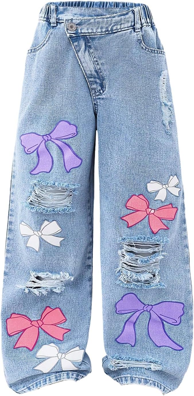 WDIRARA Girl's Cute Bow Print Ripped Jeans Elastic Waist Wide Leg Baggy Demin Pants