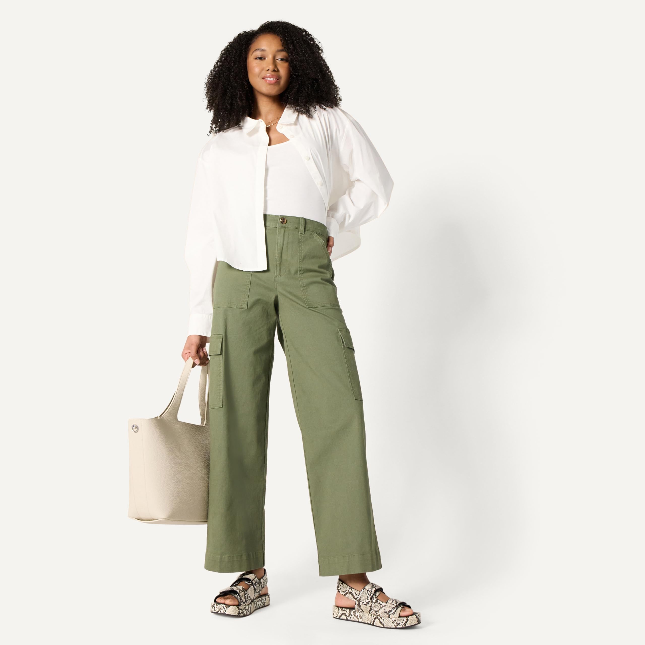 Amazon Essentials Donna Pantaloni Cargo Lunghi a Vita Alta e Gamba Larga, Cachi, vestibilità Rilassata