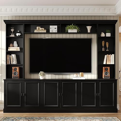 SOFTSEA 4-Piece Entertainment Center Wall Unit for TVs up to 70", TV Stand with Bookshelves, 6 Doors & Adjustable Shelves, Farmhouse Large Media TV Console with Bookshelves for Living Room, Black