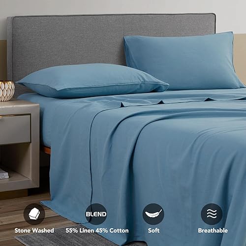 Miniatura 2 de DAPU Juego de sábanas de lino de color sólido, suaves y transpirables, 4 piezas, ropa de cama de mezcla de lino francés hipoalergénico de mezcla de