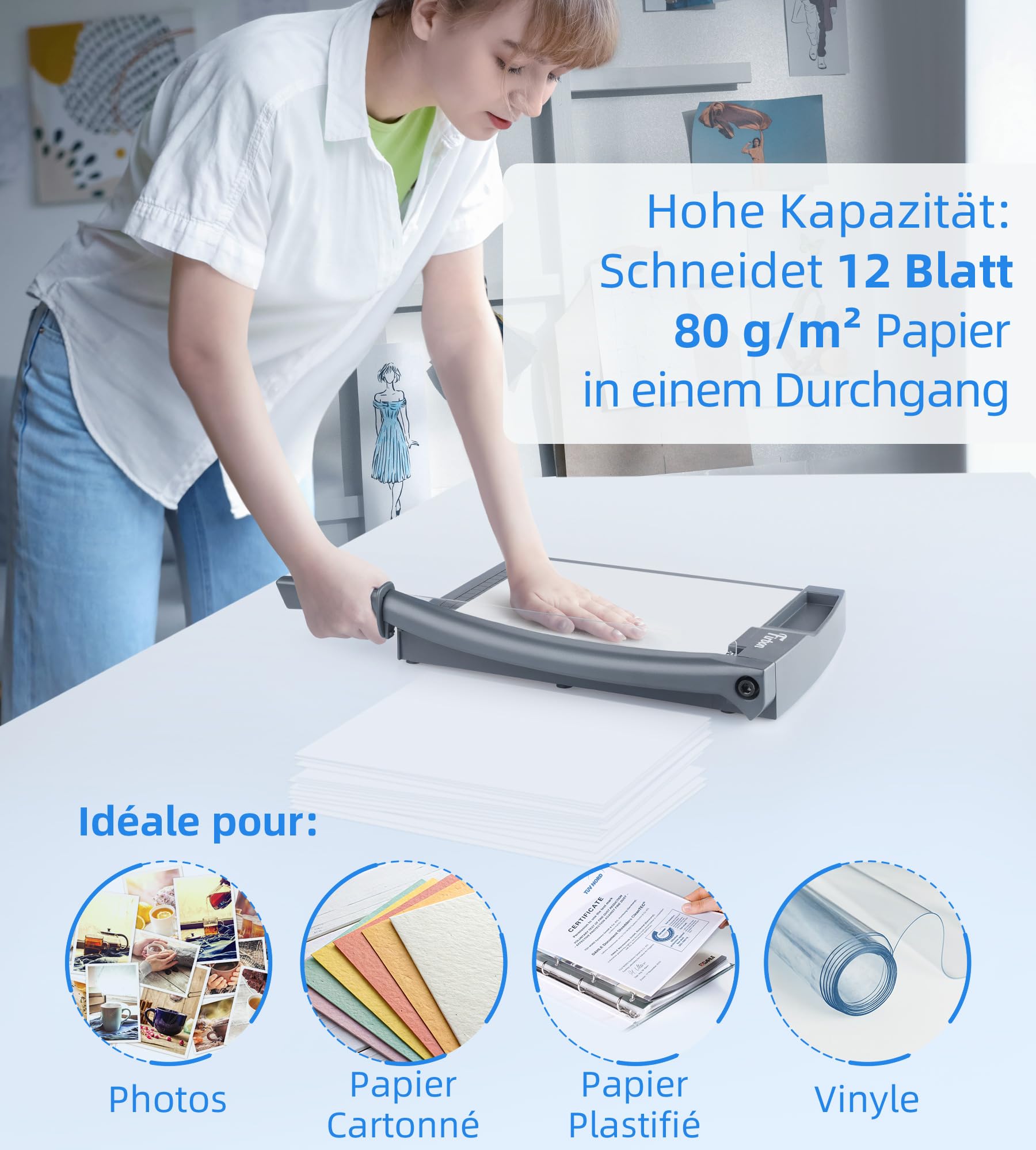 Firbon 12" Guillotine Papierschneider,Schneidemaschine, Hebelschneider 12 Blatt Schneidleistung (80g A4) Mit Sicherheitsvorrichtung und Klingenarretierung für Karton, Fotos, Büro, Schule, Studio