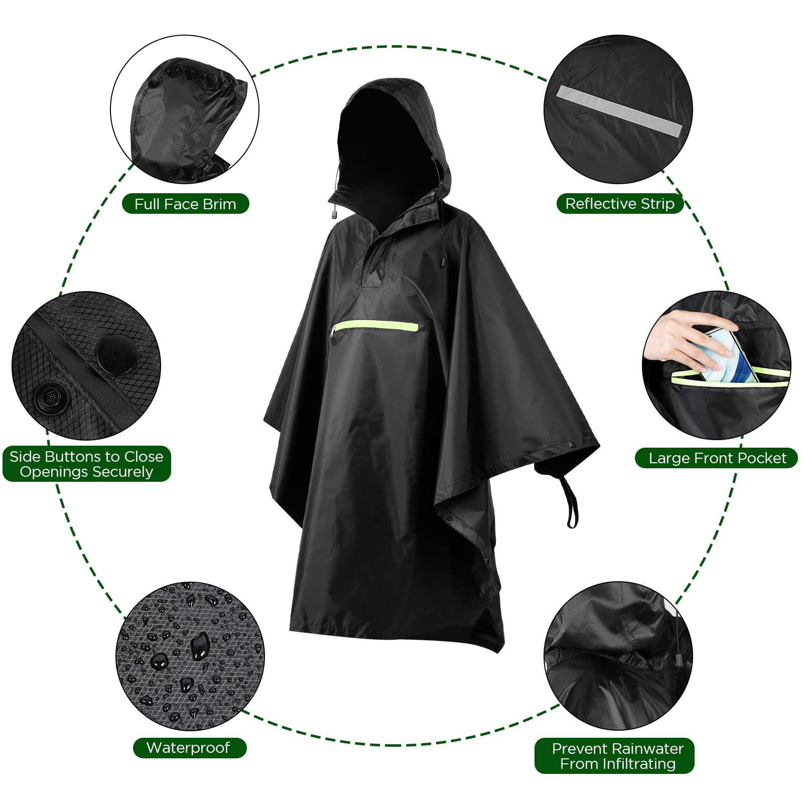 AiQInu Poncho Antipioggia Impermeabile, Leggero e Riutilizzabile, con Cappuccio, Nastro Riflettente e Maniche, per Donna e Uomo, per Attività All'Aperto, Campeggio, Escursionismo, Pesca