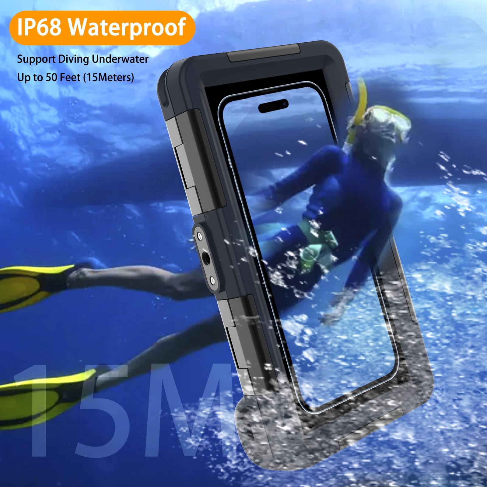 ShellBox Case Funda impermeable subacuática para iPhone 16/15/14/13/12/11/Pro Max/Pro/Plus/LG G8X Series (botón de volumen a la izquierda), [50 pies/15 m] fundas de buceo profesional, azul y naranja