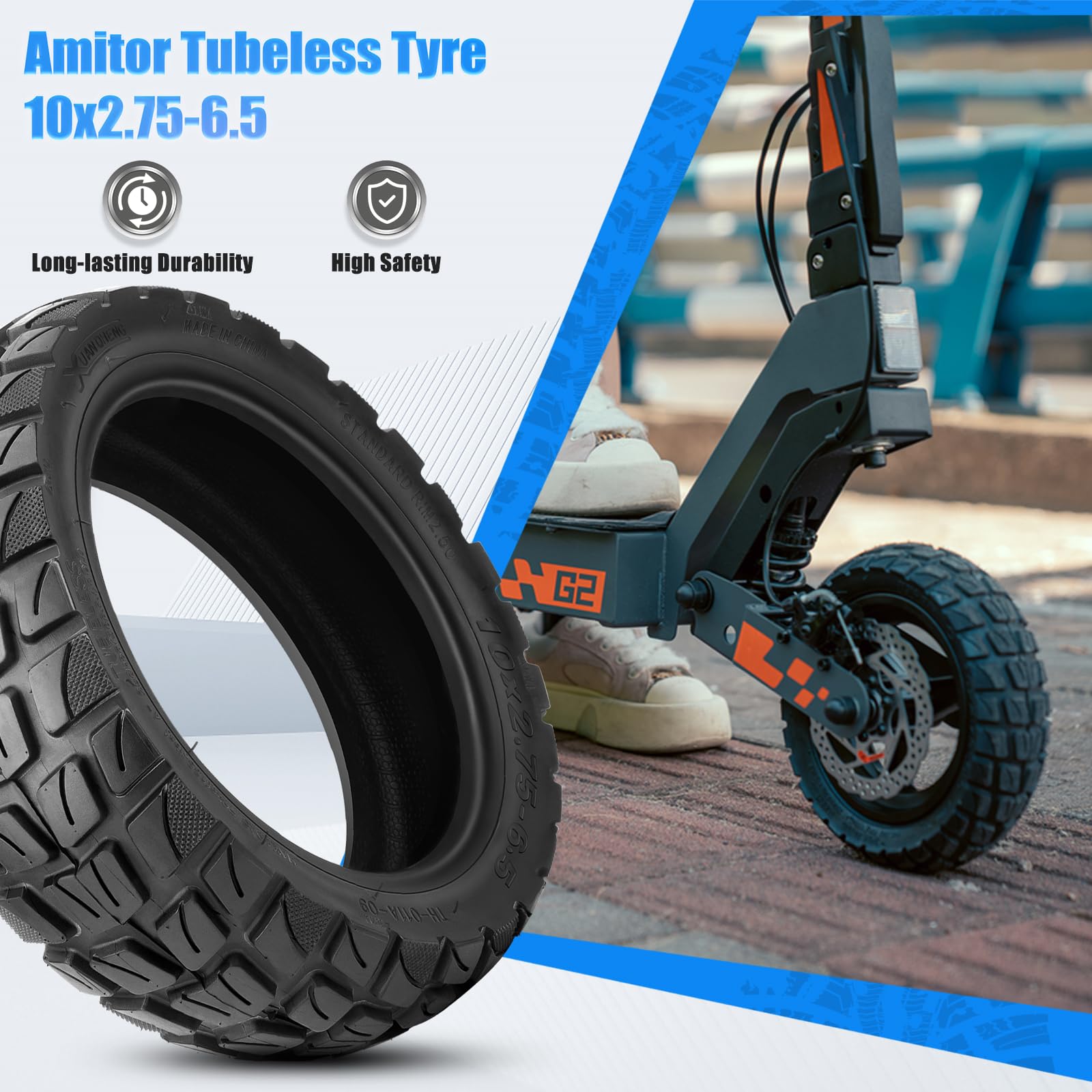 Pneu 10x2.75-6.5 Tubeless Offroad pour Kukirin G2 Master Trotinette Électrique, Pneu Tubeless 10x2.75-6.5 Tout Terrain, 10 Pouces Pneu Sans Chambre a Air avec Valve, Anti-Usure & Dérapant, 1PCS