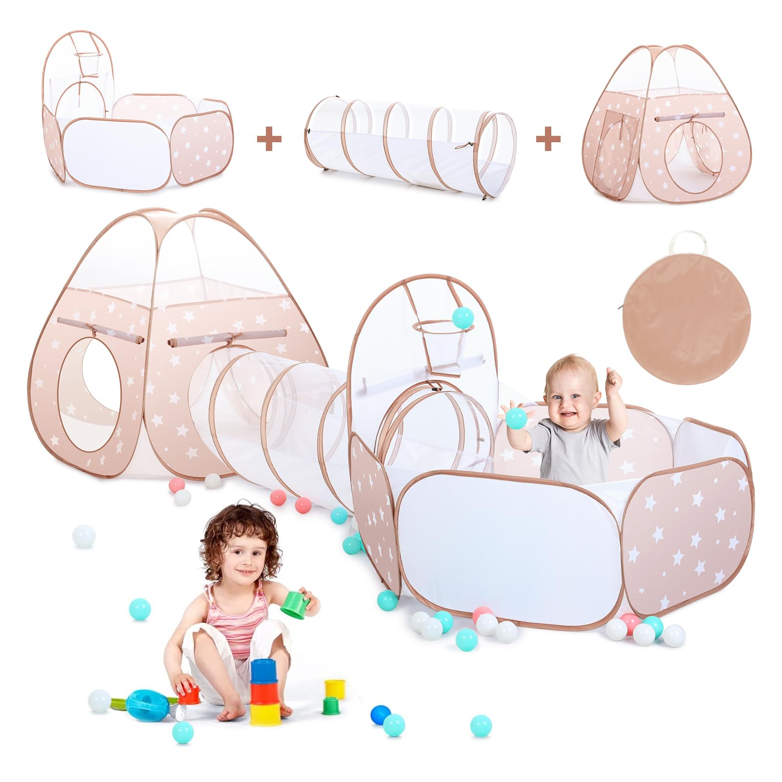 PigPigPen 3 in 1 Kids Play Tent with Play Tunnel and Ball Pit, Toddler Clibing Toys for Boys &amp; Girls, Pop Up Playhouse Toys for Baby Indoor Outdoor, Gift for 3+ Year Old Child