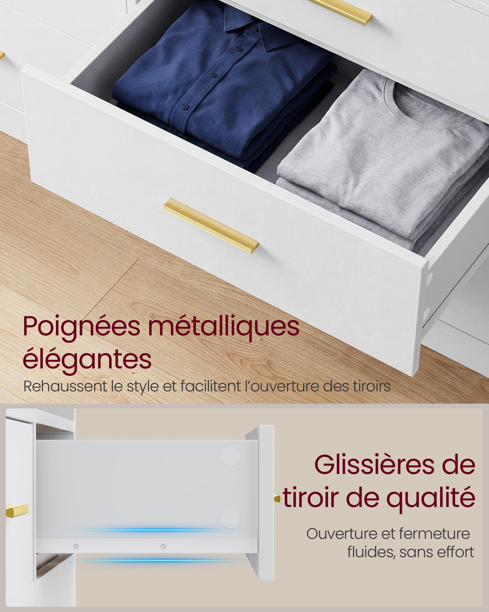 VASAGLE Custos Collection - Commode avec Éclairage LED et Multiprise Intégrée, Armoire de Rangement Moderne, pour Salon, Chambre, 6 Tiroirs, 40 x 119 x 81,2 cm, Blanc Nuage LTS316WB01