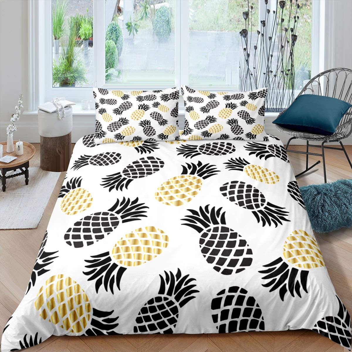 Loussiesd Pineapple Duvet Cover Set Woman Girls Teens Golden Pineapple Bedding Set Fruit Comforter Cover Cute For Kids Child Bedroom Bedclothes,Decor 3 Pcs Double Size Soft Microfiber — image 1