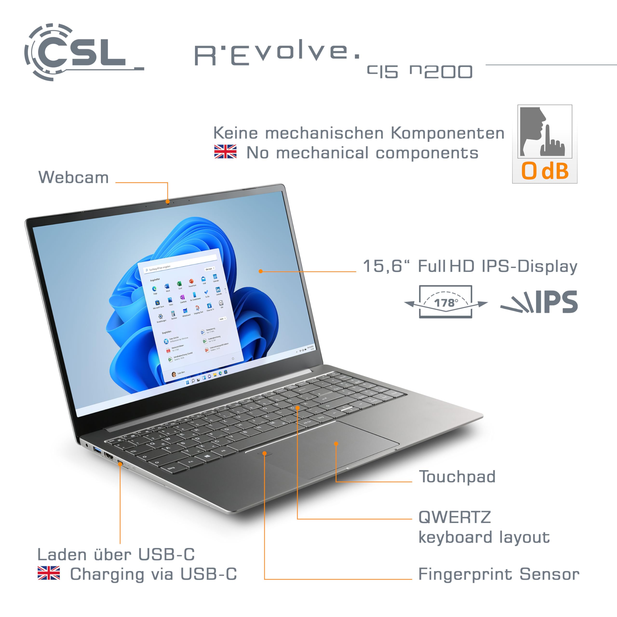 Notebook CSL R'Evolve C15 v3 Windows 11 Home - Ultra-Slim Laptop, 15,6 Zoll Display FHD 1920x1080 IPS, Intel N200 CPU 4x3700 MHz Turbotakt, 500 GB M.2 SSD, 16 GB DDR4-RAM, USB 3.2, BT 5.1, AC WLAN