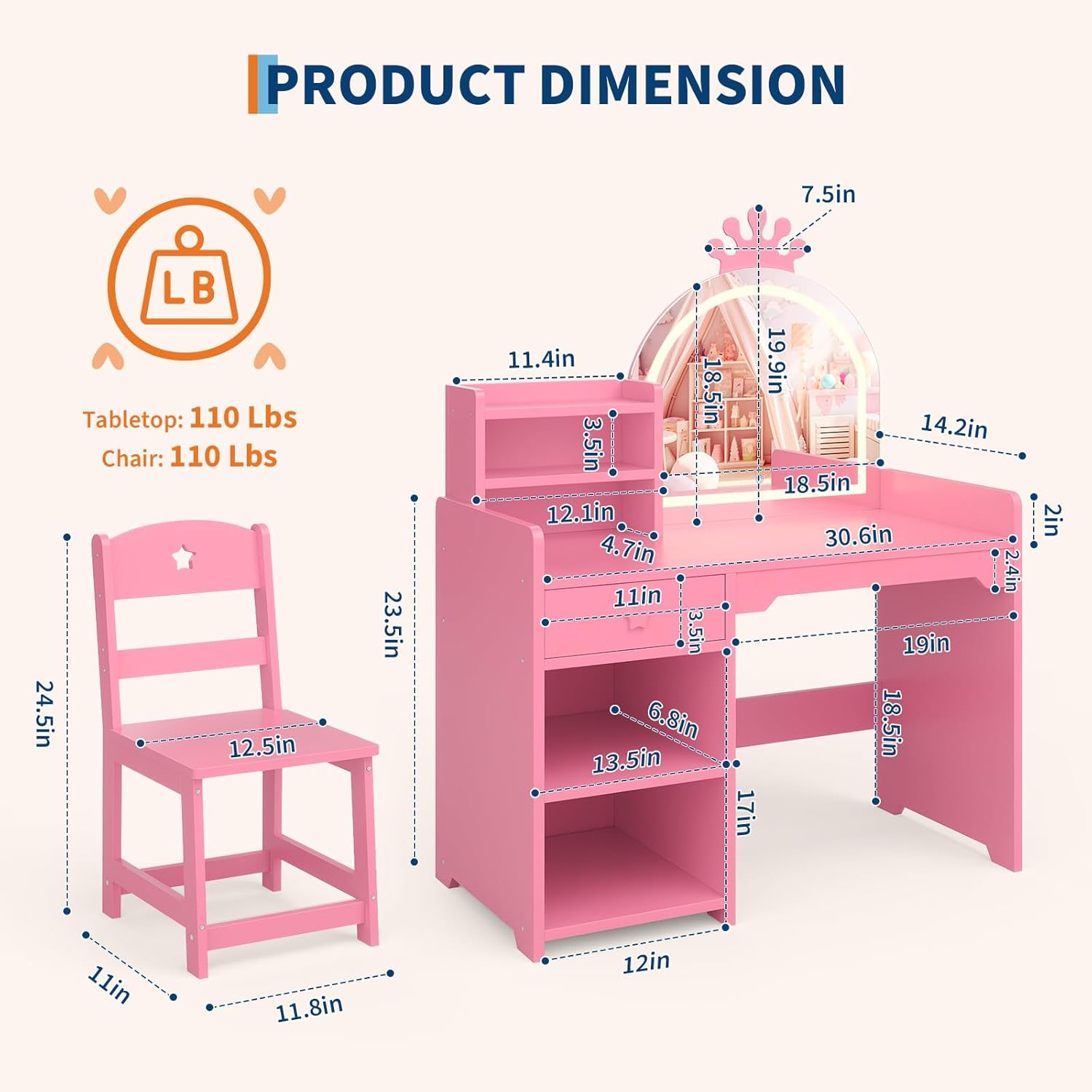 Kids Vanity Table and Chair Set w/LED Lighted Mirror, Wooden Princess Makeup Desk w/Drawer & Shelves for Toddler Girls Bedroom
