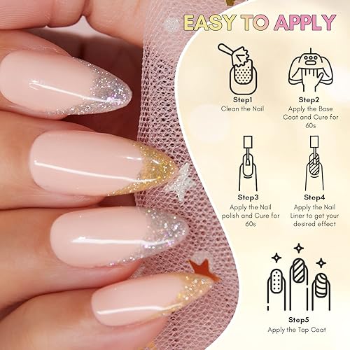 Miniatura 6 de Makartt Juego de esmaltes de gel para arte de uñas, 0.3 fl oz, 2 colores reflectantes con purpurina plateada y dorada, con cepillo fino integrado