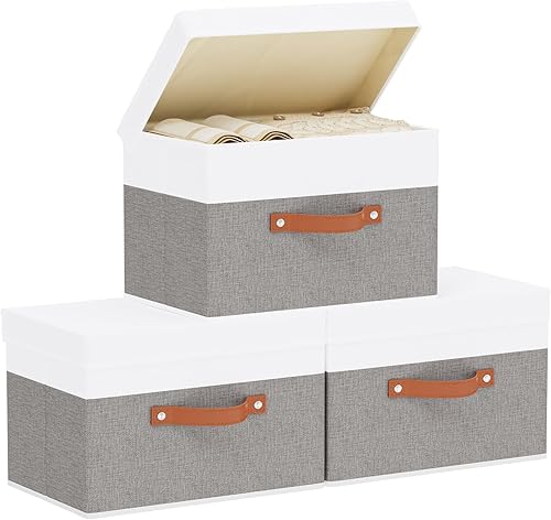 Miniatura 14 de Cesta de almacenamiento de tela con tapas, contenedores de almacenamiento plegables de lino, cajas organizadoras de armario con asas dobles, gris,