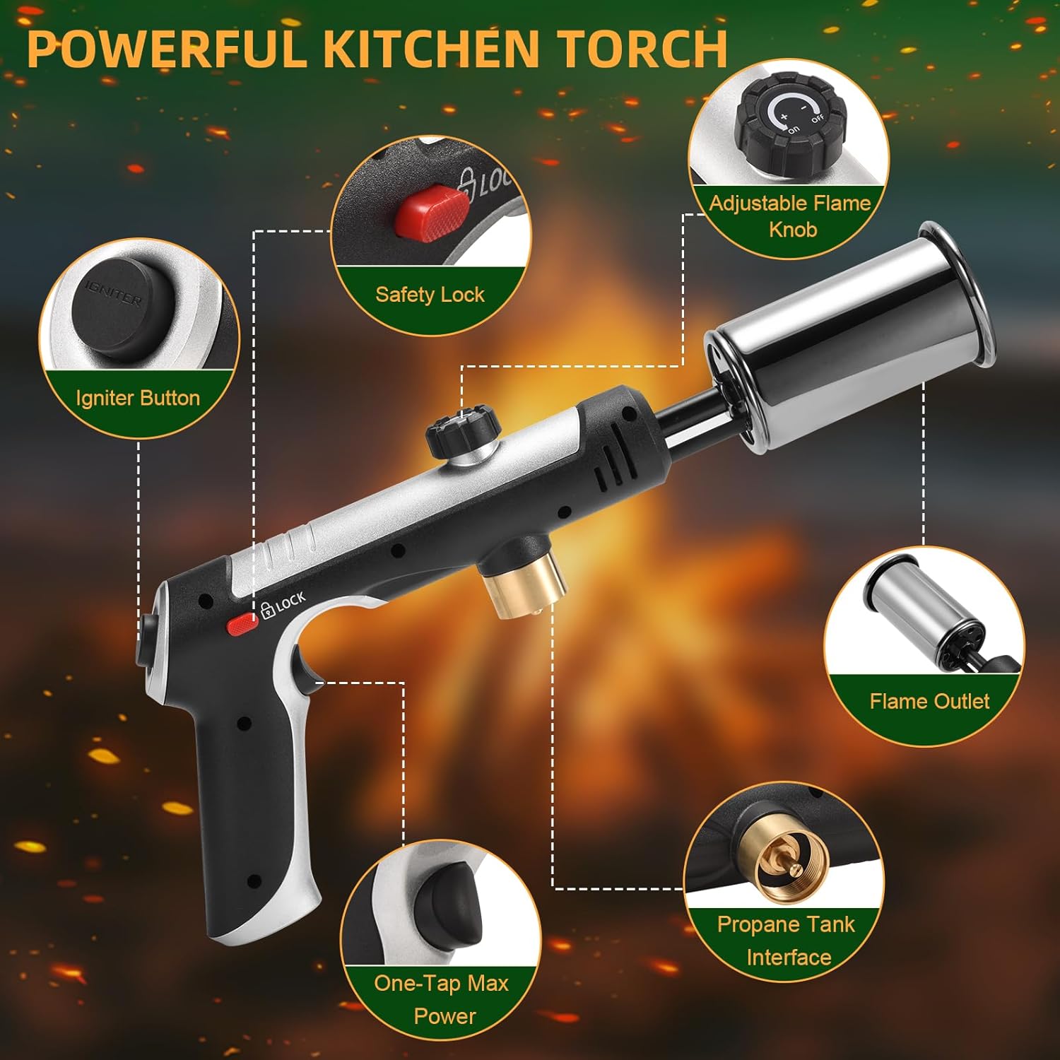 Powerful Propane Torch with One-Touch Max Fire, Adjustable Kitchen Torch with Safety Lock, Flamethrower, Blow Torch Gun for Grill, BBQ, Sous Vide, Campfire Starter (Tank Not Included)