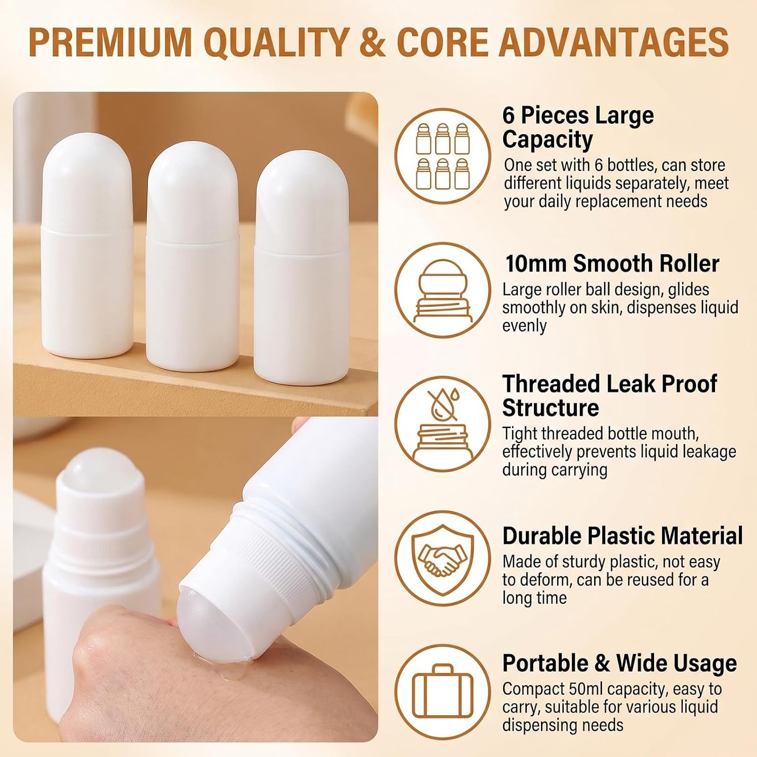 6Pcs 50ML/1.7oz White Plastic Roll-on Bottles with Ball Applicator