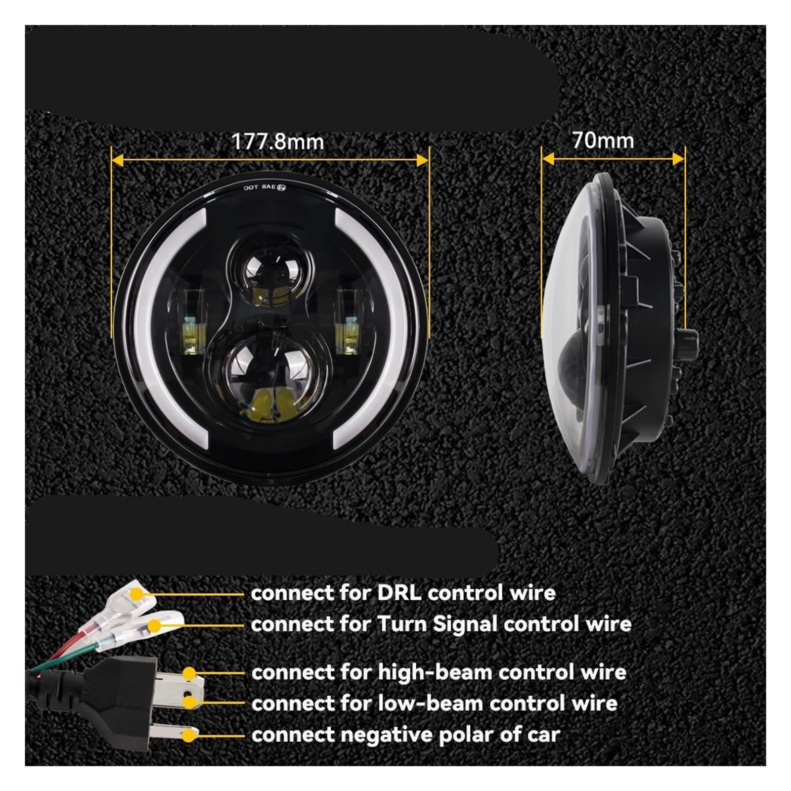 Faro rotondo da 7 pollici for auto a motore, compatibile con Lada, faro for moto Eyes(45w black halo)