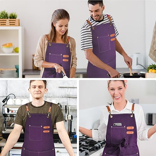 Miniatura 6 de Delantal de chef para hombres y mujeres, delantales de lona con 3 bolsillos traseros cruzados, delantal de trabajo resistente para cocinar