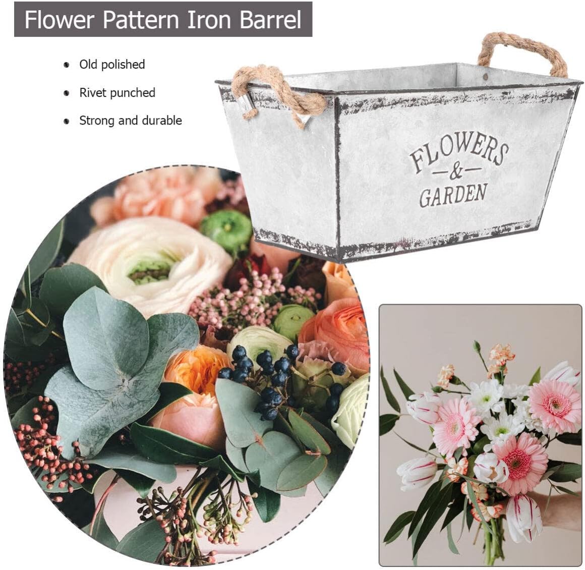 POPETPOP Iron Flower Buckets Galvanized Tub Planter Rustic Metal Flower Pot Tub Floral Bucket Vase with Handle Farmhouse Cactus Pot Farmhouse Succulent Planter Pot Silver L