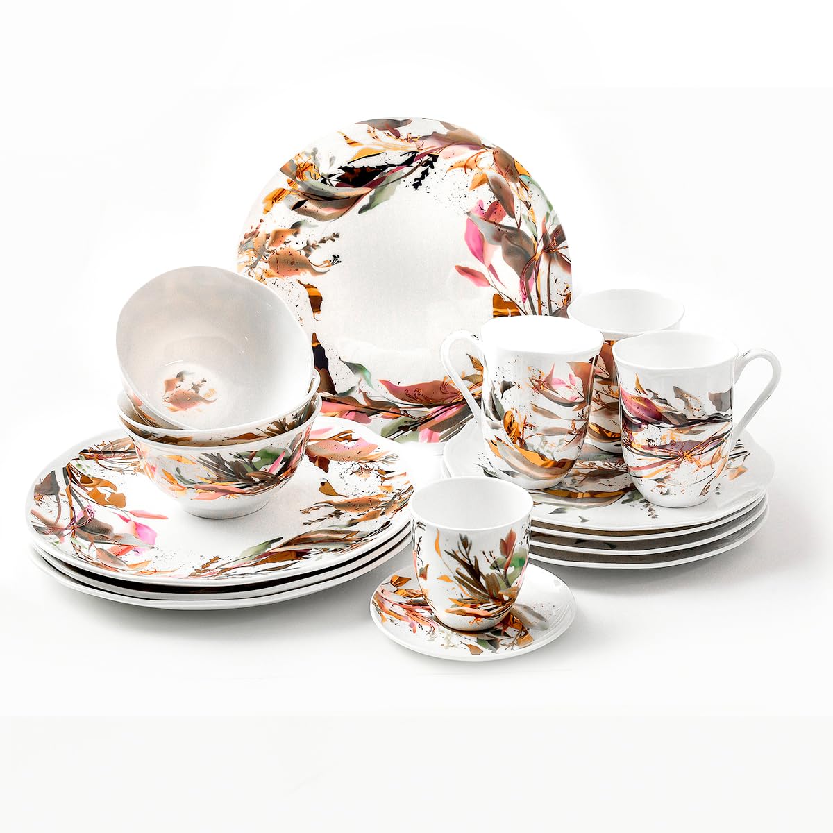 Koken Pink & Gold Plates and Bowls Sets Dishes Set for 4, Ceramic Plates and Bowls Set, Service for 4, Bone China Dinnerware Set Salad Dessert Plates, and Cereal Bowls Set, Microwave safe