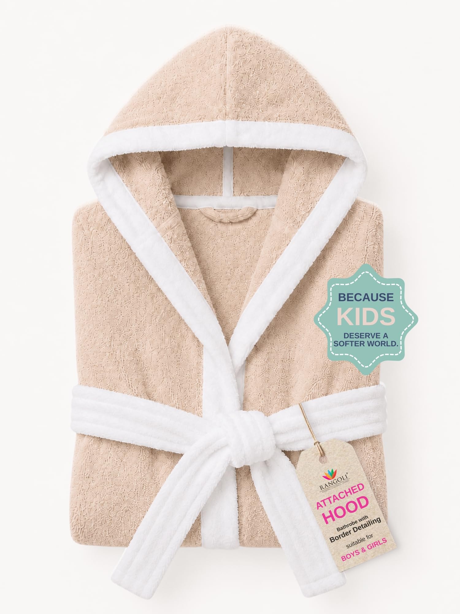 RANGOLI Noble 100% Cotton Terry Kids Bathrobe, 400 GSM, Ultra Soft Plush Hooded Bathrobe for Girls with 2 Pockets and Attached Adjustable Belt | Gown Bathrobe for kids Girls 13-14 Years, Beige