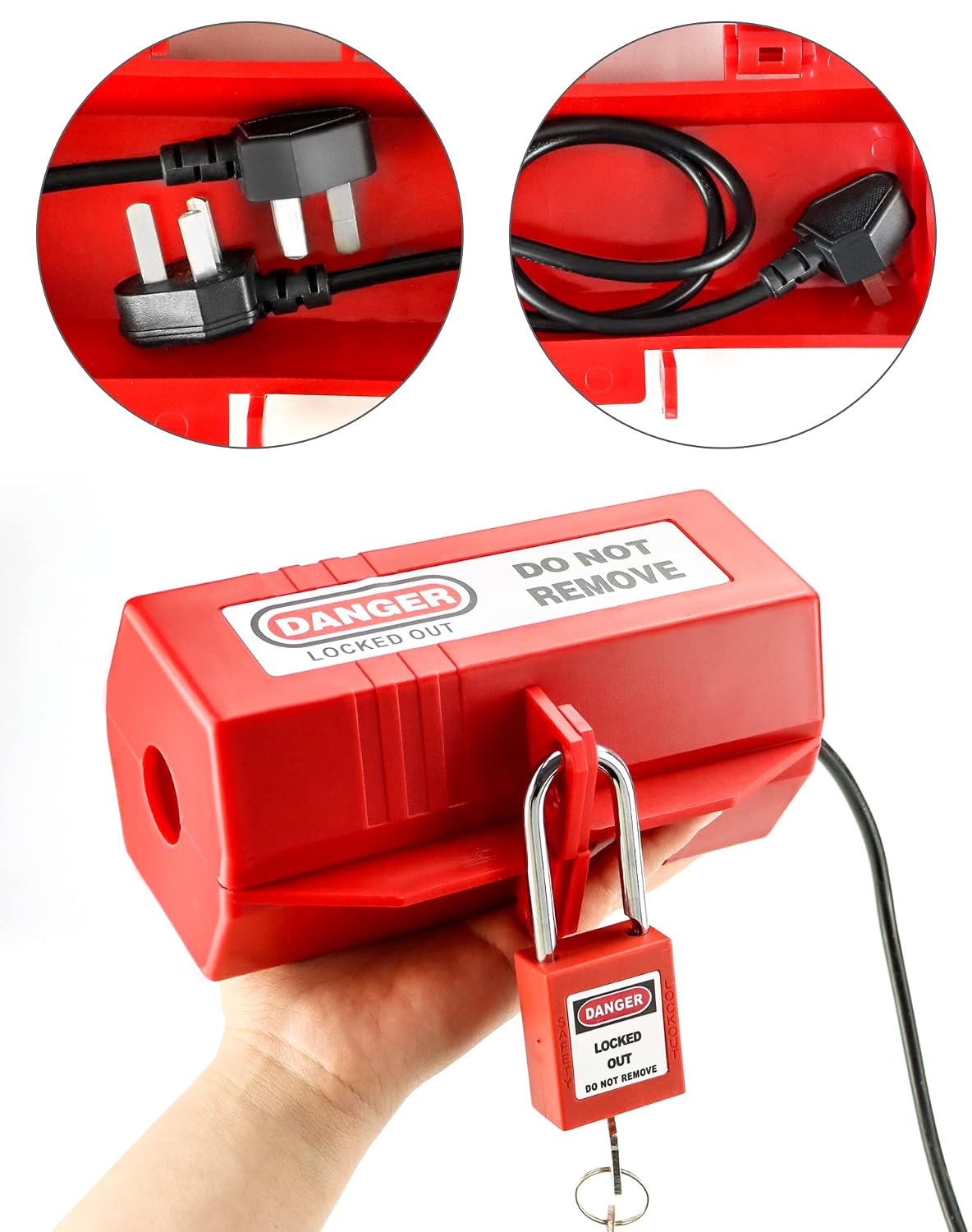 QWORK Plug Lockout Device, 220 Volt Power Cord Lockout, Electrical Outlets Plug Insulation Lock with Lockout Tagout, for Indoor Outdoor and Factory, 4 Pack