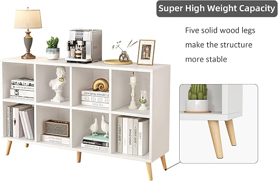 8-Cube Bookshelf 2 Tier Modern Bookcase with Legs, 120cm Wood Bookshelves Storage Organizer Shelf, Freestanding Open Book Shelves for Bedroom Living Room Office, Modern White