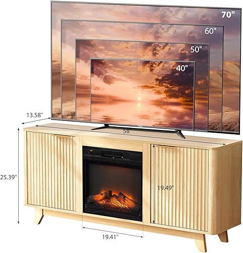 Miniatura 2 de VINGLI Soporte de TV con chimenea para televisores de hasta 70 pulgadas, centro de entretenimiento acanalado con calentador de chimenea eléctrico y