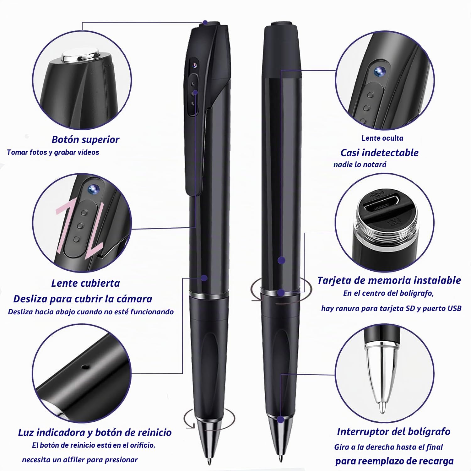 FARONG Mini Cámara Oculta Bolígrafo, 1080P Mini Cámaras Espía Pen con Grabación de Vídeo y Toma de Fotos Incluye MicroSD 32GB con Batería Recargable