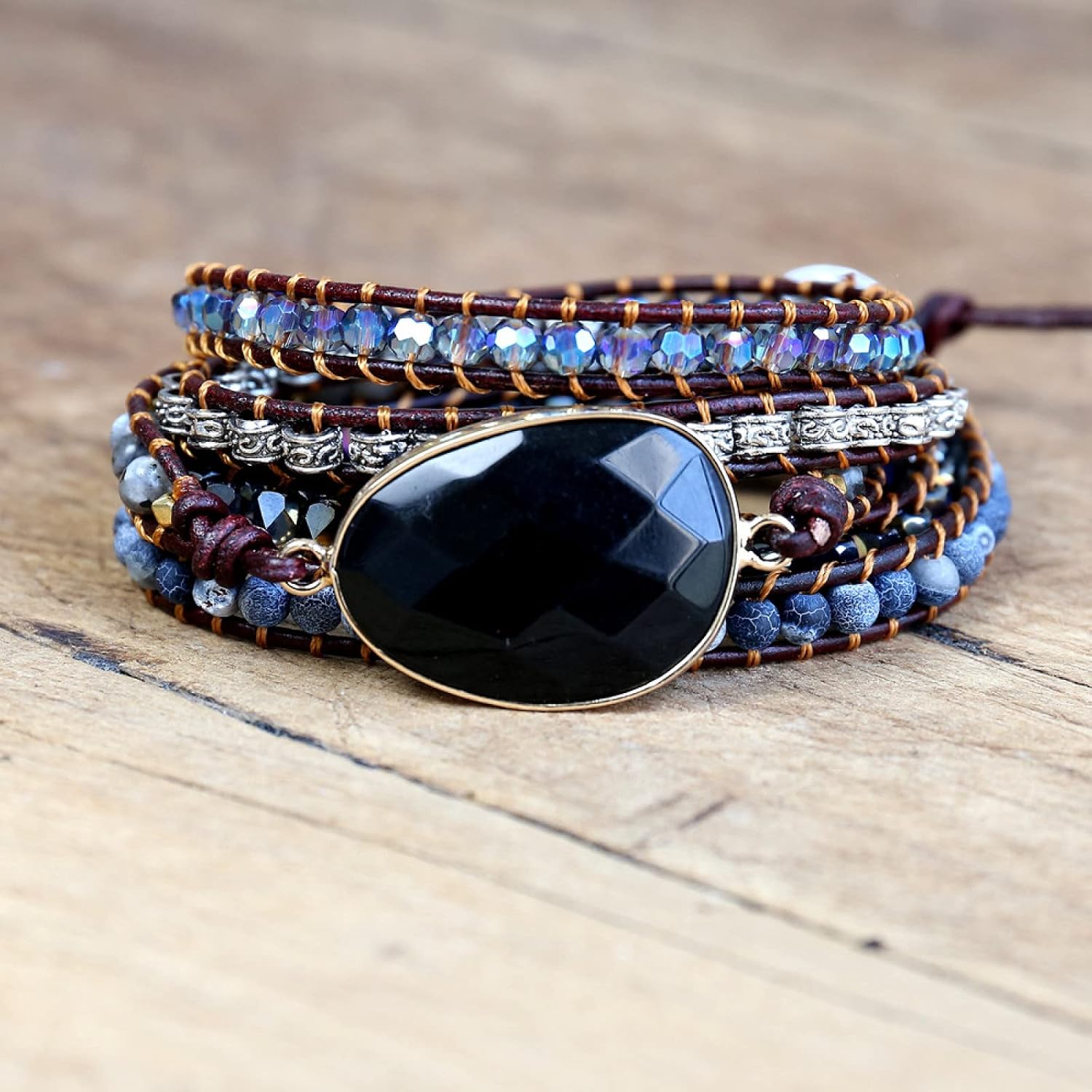 Handmade Jewelry Leather Bracelet Black Onyx Mix 5 Strands Woven Wrap Bracelet Women Beads Bohemia Charm Bracelet