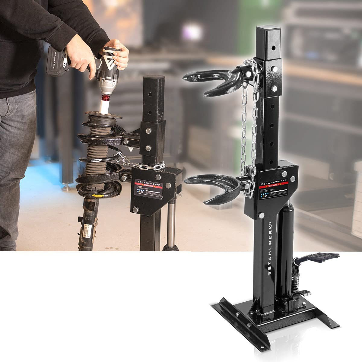 STAHLWERK Compresor hidráulico de muelle HSC-820 ST con 1t de fuerza de apriete para montar y desmontar muelles de amortiguador | Herramienta Tuning | Compresor de amortiguador para vehículos de motor
