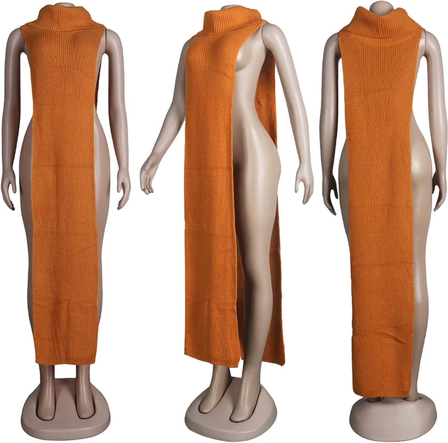 Famnbro Women's Sleeveless Turtleneck Sweater Sexy High Slit Long Maxi Dress Ribbed Knitted Top - Image 5